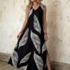 shein lune فستان ماكسي كاجوال للنساء من قماش مُنسوج بتصميم أخضر عسكري بياقة على شكل حرف v بدون أكمام مع طبعة ريش عشوائية وشق في الفخذ 5