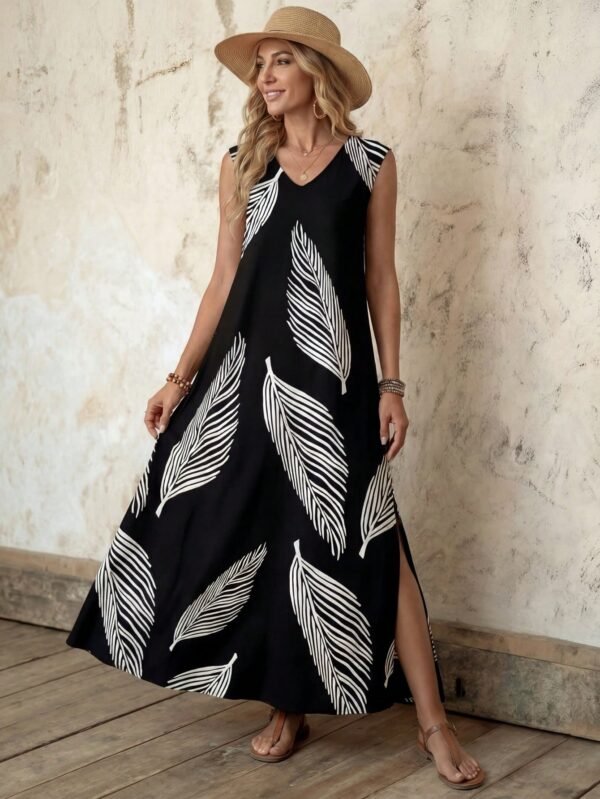 shein lune فستان ماكسي كاجوال للنساء من قماش مُنسوج بتصميم أخضر عسكري بياقة على شكل حرف v بدون أكمام مع طبعة ريش عشوائية وشق في الفخذ 5