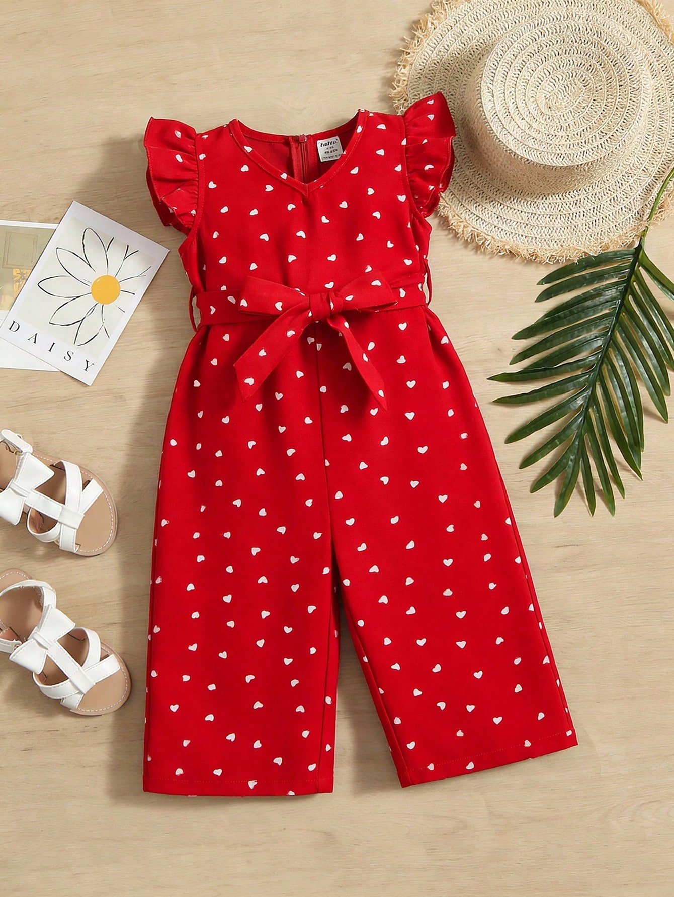 shein هدية فتاة رضيعة سالوبيت منقوش بنقاط بتصميم مزين بأكمام واسعة وحزام قابل للتعديل 2