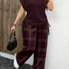 shein lune مجموعة قطعتين بنمط مربعات بلون بني أحمر داكن وبني أحمر مائل للحمرة، تصميم بسيط عادي، مناسب لجميع الفصول، مقاس كبير الحجم 3