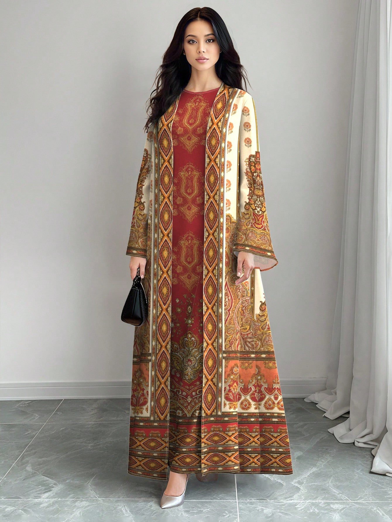shein najma عباية كارديجان طويلة كاجوال للنساء بطبعة زهرية تدرجية ذات أكمام طويلة، مناسبة للربيع والخريف 2