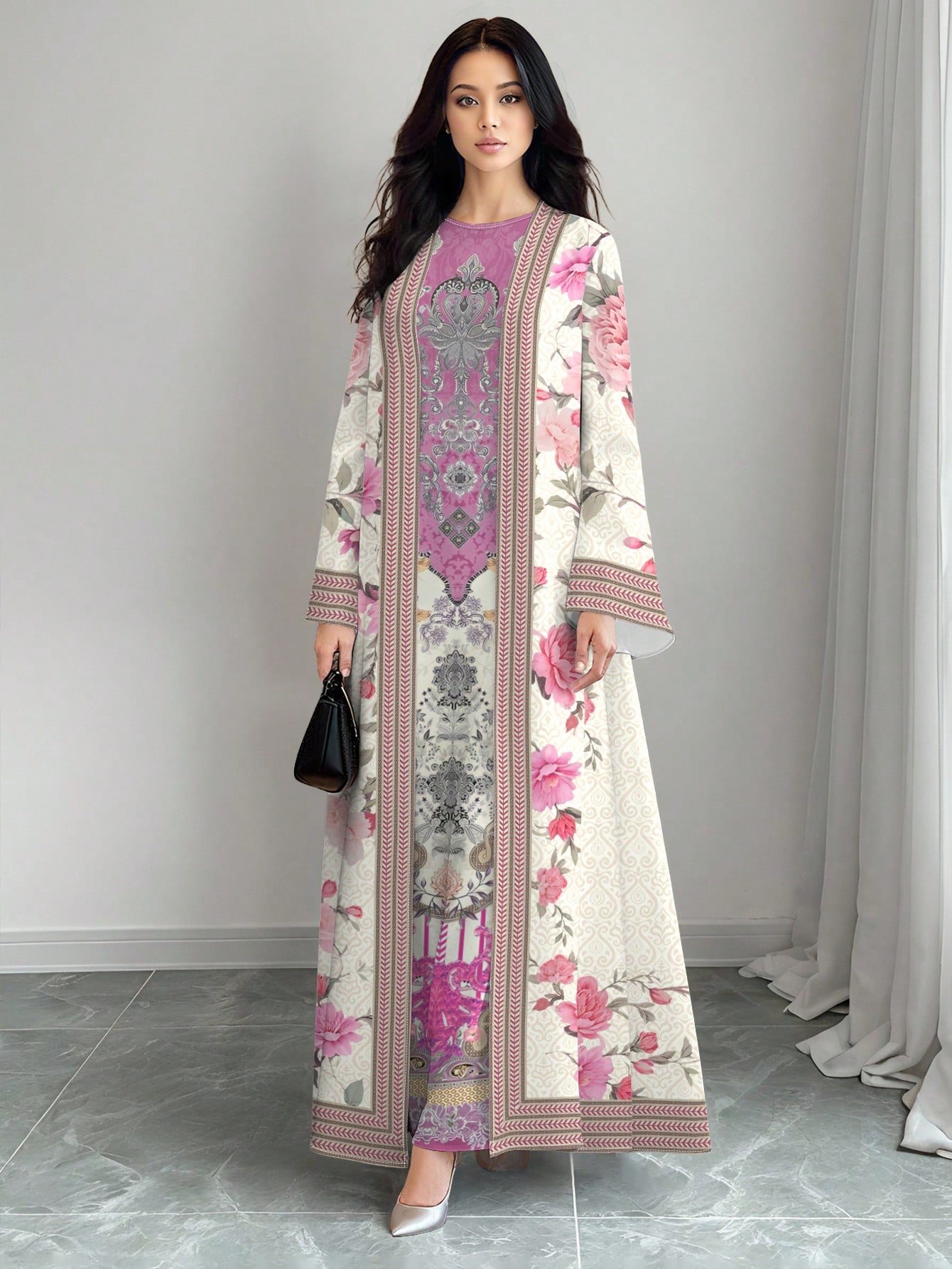shein najma عباية كارديجان طويلة كاجوال للنساء بطبعة زهرية تدرجية ذات أكمام طويلة، مناسبة للربيع والخريف 6