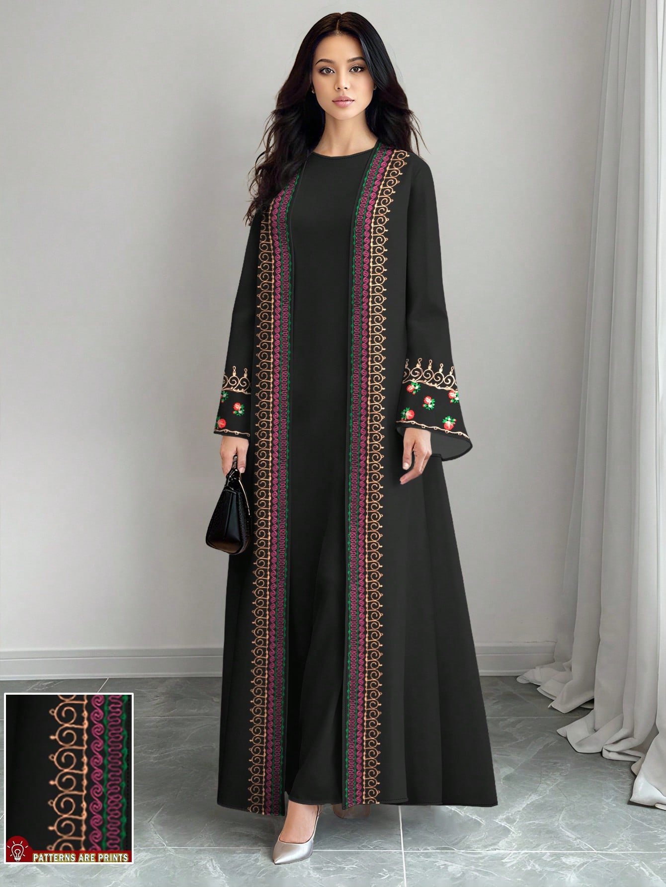 shein najma عباية كاردجان طويلة كاجوال للنساء بطبعات زهور وهندسية مزيفة بالتطريز، أكمام طويلة، للربيع والخريف 1