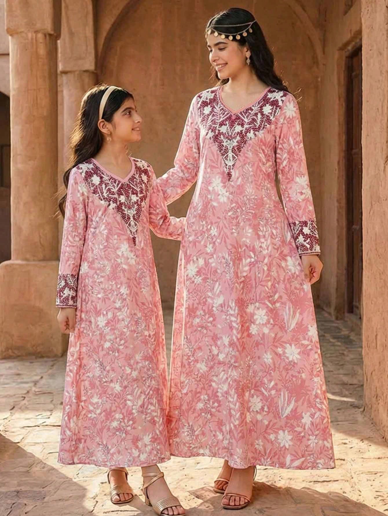 shein فستان جلابية فتاة المراهقة بطبعات زهرية وردية، فستان أنيق مطرز بطبعات زهرية عتيقة، فستان طويل الأكمام عربي تقليدي بسيط للفتيات المراهقات مناسب للربيع/الصيف، فستان طويل أنيق محتشم بأكمام طويلة، عباءة صلاة، راحة وسهولة، ملابس كاجوال، إحساس بالعطلة، جل 3