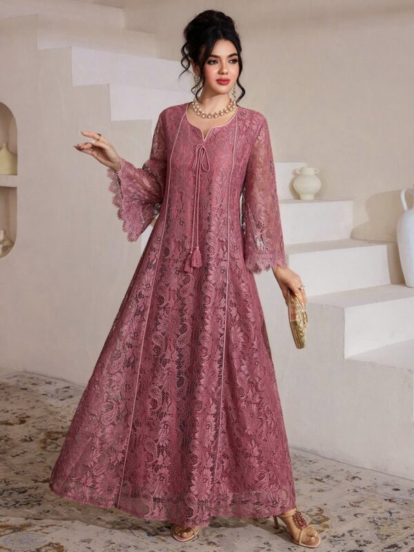 shein najma رمضان فستان عربي نسائي بياقة مربعة مزين بالدانتيل والشراريب وأكمام ثلاثة أرباع متسعة 10