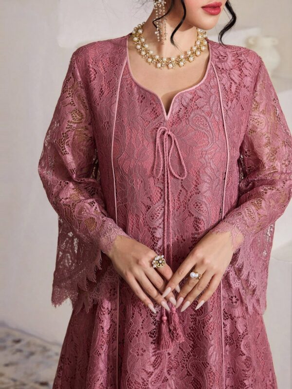 shein najma رمضان فستان عربي نسائي بياقة مربعة مزين بالدانتيل والشراريب وأكمام ثلاثة أرباع متسعة 9