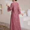 shein najma رمضان فستان عربي نسائي بياقة مربعة مزين بالدانتيل والشراريب وأكمام ثلاثة أرباع متسعة 12