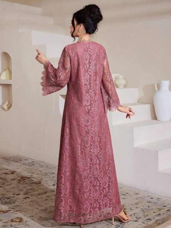 shein najma رمضان فستان عربي نسائي بياقة مربعة مزين بالدانتيل والشراريب وأكمام ثلاثة أرباع متسعة 12