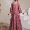 shein najma رمضان فستان عربي نسائي بياقة مربعة مزين بالدانتيل والشراريب وأكمام ثلاثة أرباع متسعة 14
