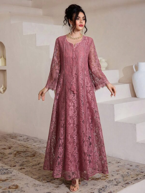 shein najma رمضان فستان عربي نسائي بياقة مربعة مزين بالدانتيل والشراريب وأكمام ثلاثة أرباع متسعة 14