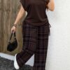 shein lune مجموعة قطعتين بنمط مربعات بلون بني أحمر داكن وبني أحمر مائل للحمرة، تصميم بسيط عادي، مناسب لجميع الفصول، مقاس كبير الحجم 2
