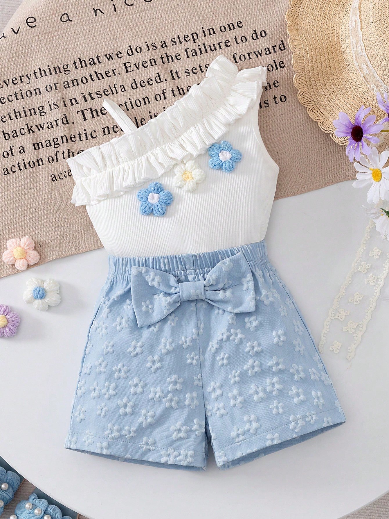 shein elladie kids ملابس صيفية كيوت للبنات الرضع من قطعتين، تتكون من ملابس علوية كتف واحد مزخرفة بالأزهار باللونين الوردي والأبيض، وشورت بخصر مطاطي، مناسبة لملابس عيد الميلاد 12