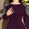 modelyn فستان أنيق بأكمام طويلة وياقة على شكل حرف v مزين بالخرز والزهور للنساء 8