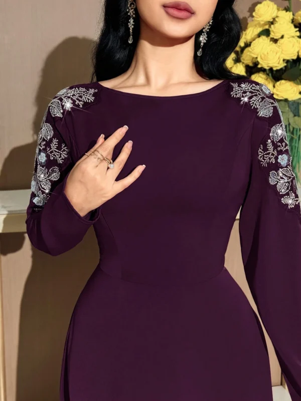modelyn فستان أنيق بأكمام طويلة وياقة على شكل حرف v مزين بالخرز والزهور للنساء 8