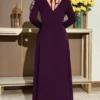 modelyn فستان أنيق بأكمام طويلة وياقة على شكل حرف v مزين بالخرز والزهور للنساء 11
