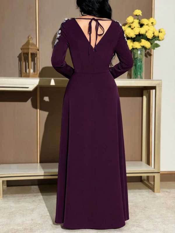 modelyn فستان أنيق بأكمام طويلة وياقة على شكل حرف v مزين بالخرز والزهور للنساء 11