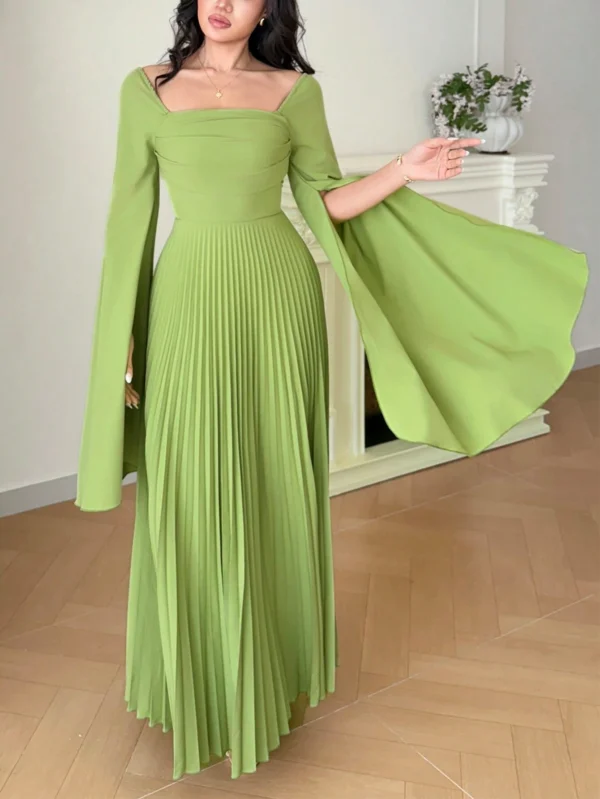modelyn فستان أنيق بأكمام طويلة مطوي بياقة مربعة وتصميم لون سادة مع شق 7