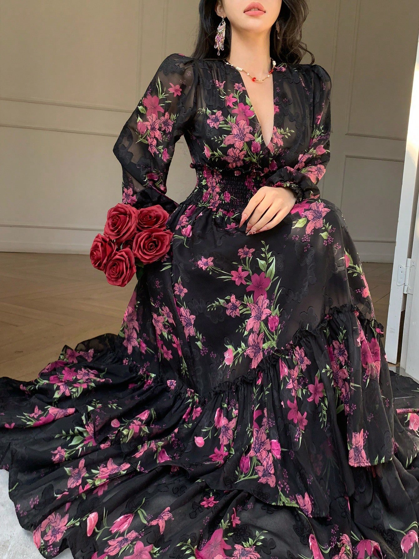 dazy فستان نسائي بياقة على شكل حرف v وأكمام فانوس مطبوع على الخصر وأسفل متسع، تصميم أنيق لفساتين صيفية بوهيمية للنساء لأوقات الإجازات 8