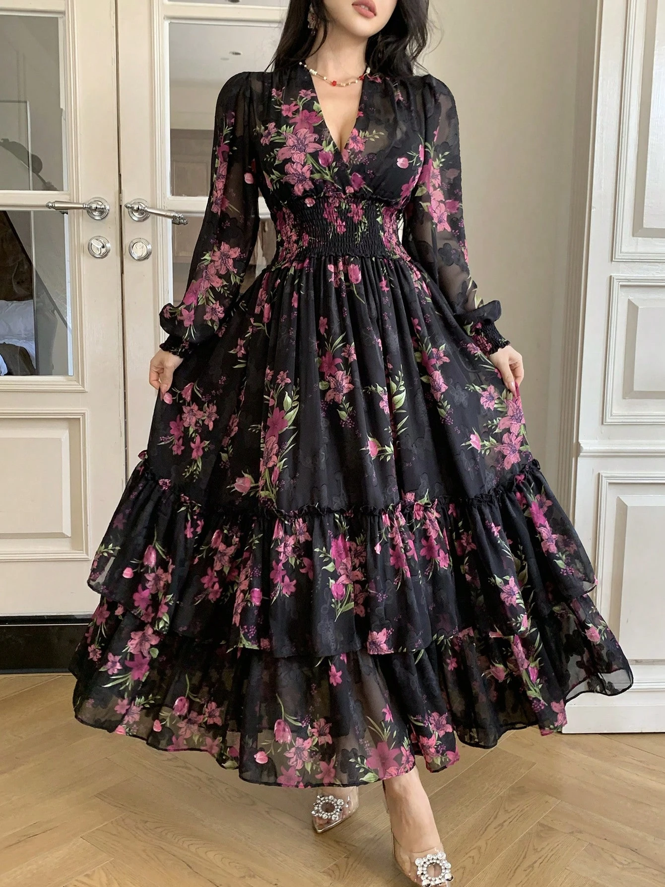 dazy فستان نسائي بياقة على شكل حرف v وأكمام فانوس مطبوع على الخصر وأسفل متسع، تصميم أنيق لفساتين صيفية بوهيمية للنساء لأوقات الإجازات 7