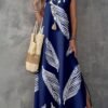 shein lune فستان ماكسي كاجوال للنساء من قماش مُنسوج بتصميم أخضر عسكري بياقة على شكل حرف v بدون أكمام مع طبعة ريش عشوائية وشق في الفخذ 1