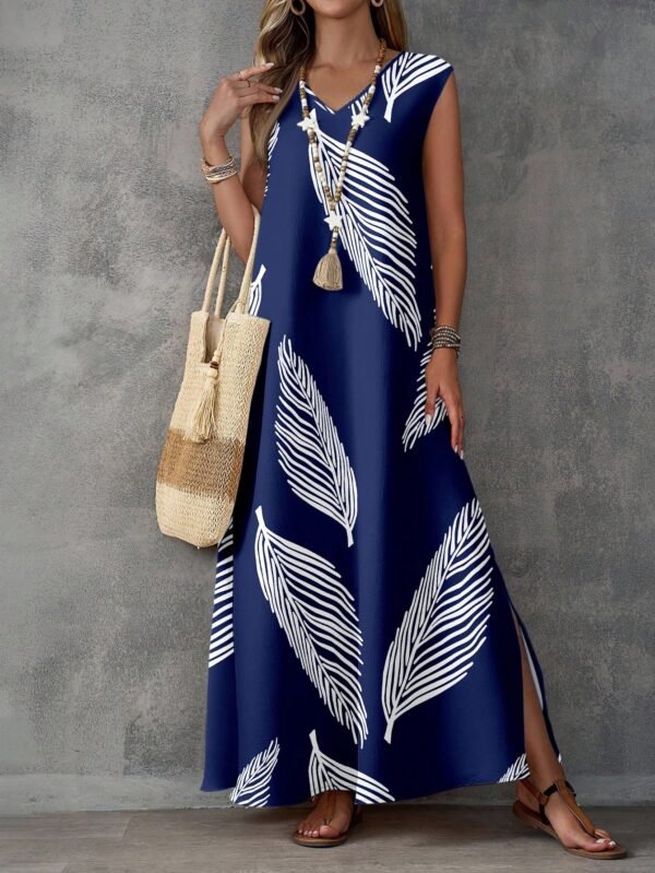 shein lune فستان ماكسي كاجوال للنساء من قماش مُنسوج بتصميم أخضر عسكري بياقة على شكل حرف v بدون أكمام مع طبعة ريش عشوائية وشق في الفخذ 1