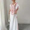 rafferiza فستان قصير للنساء بأكمام قصيرة، طباعة زهرية أنيقة، رقبة على شكل v، أكمام خفافيش، تنورة فضفاضة مع شق، أبيض، ربيع/صيف 6