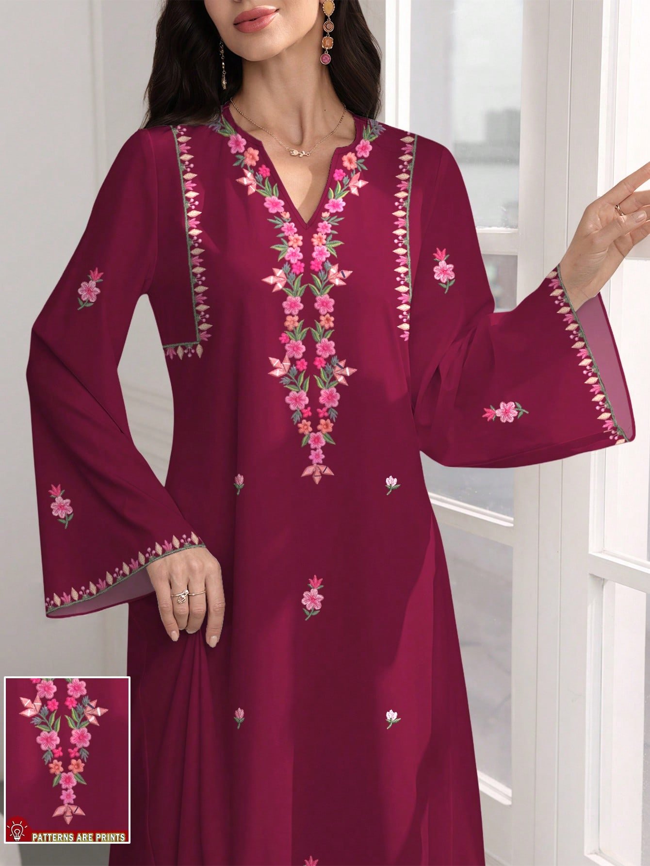 shein najma فستان ماكسي أنيق بطبعات زهرية وياقة على شكل حرف v وأكمام طويلة بطراز عربي، للربيع والخريف 15