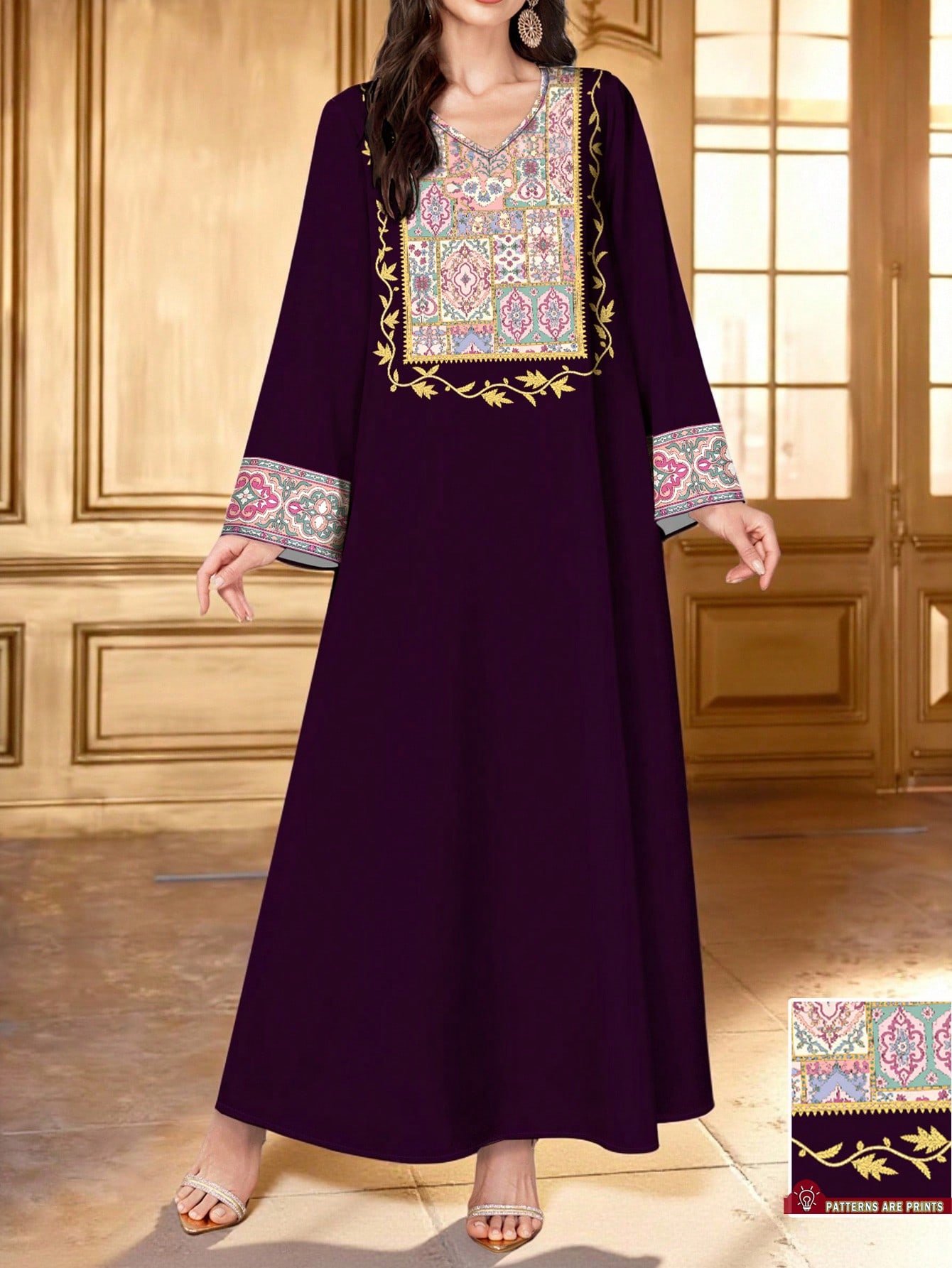 shein najma فستان ماكسي أنيق بطبعات زهرية وياقة على شكل حرف v وأكمام طويلة بطراز عربي، للربيع والخريف 11