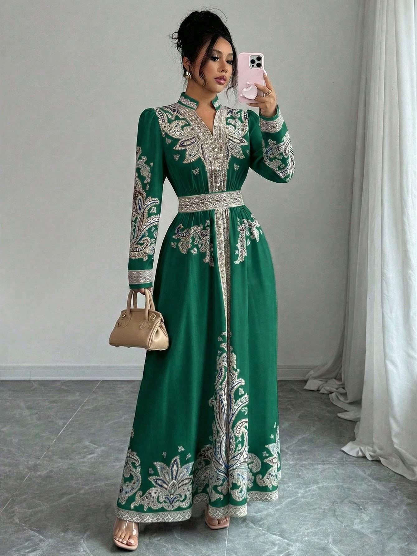rafferiza فستان نسائي بطبعة زهرية عتيقة، رقبة على شكل حرف v، أكمام فانوس، وحافة مكسرة، أسلوب منتجع وقصر 11