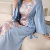 yasmyna فستان عباية مزين بخصر مشدود، ياقة مربعة، من قماش مرقع بالتطريز للنساء، مناسب للربيع والصيف 1