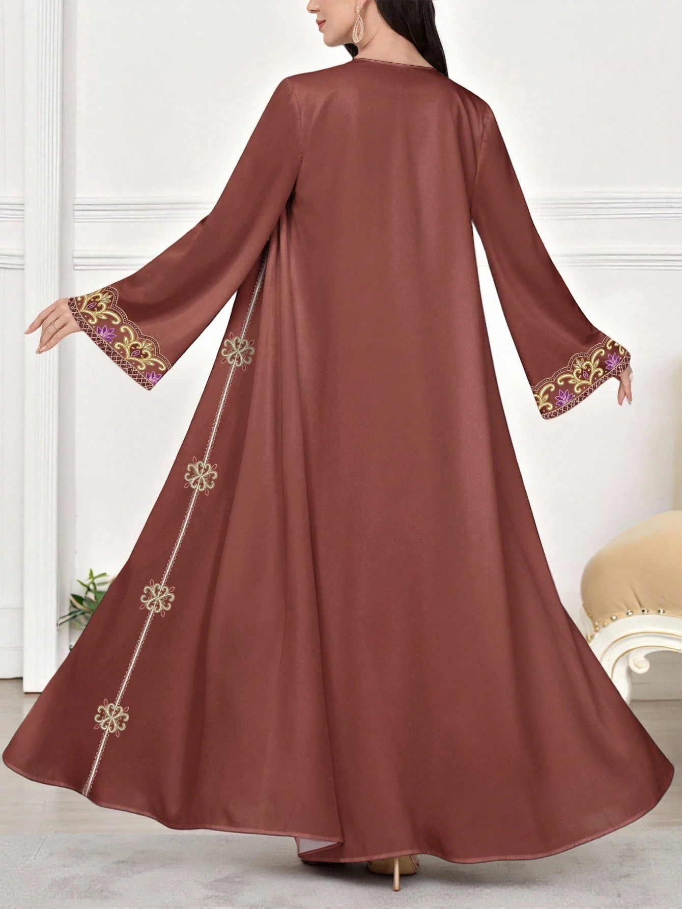 shein najma عباية كاردجان طويلة كاجوال للنساء بطبعات زهور وهندسية مزيفة بالتطريز، أكمام طويلة، للربيع والخريف 4