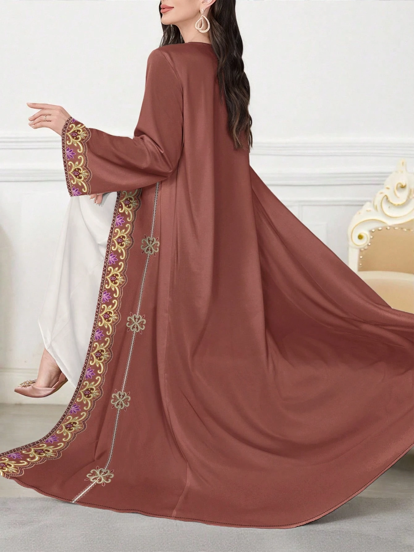 shein najma عباية كاردجان طويلة كاجوال للنساء بطبعات زهور وهندسية مزيفة بالتطريز، أكمام طويلة، للربيع والخريف 5