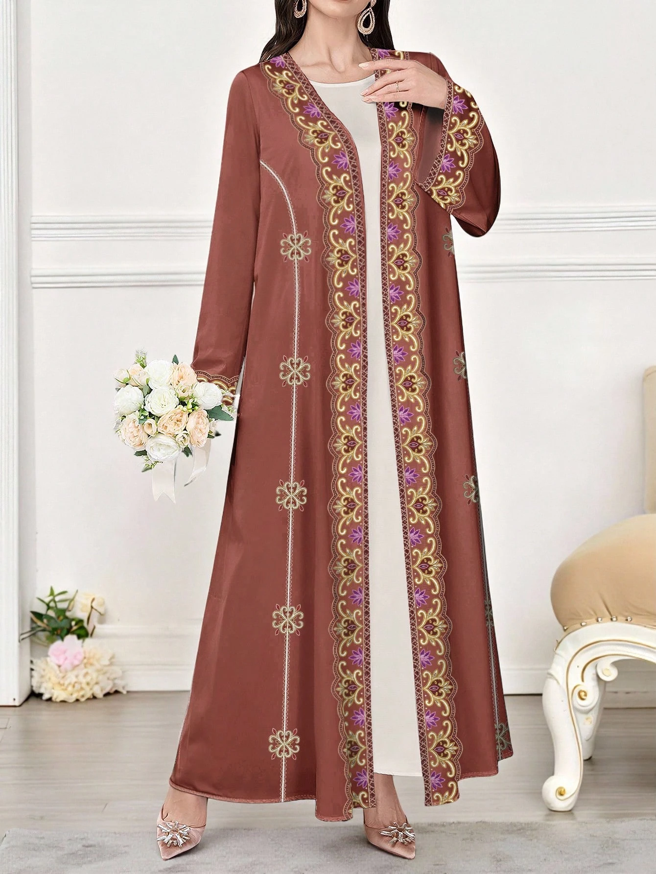 shein najma عباية كاردجان طويلة كاجوال للنساء بطبعات زهور وهندسية مزيفة بالتطريز، أكمام طويلة، للربيع والخريف 6