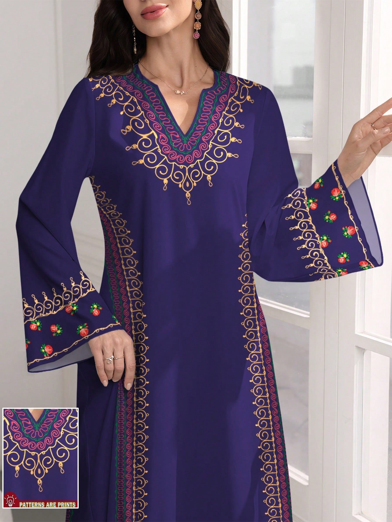 shein najma فستان ماكسي أنيق بطبعات زهرية وياقة على شكل حرف v وأكمام طويلة بطراز عربي، للربيع والخريف 6