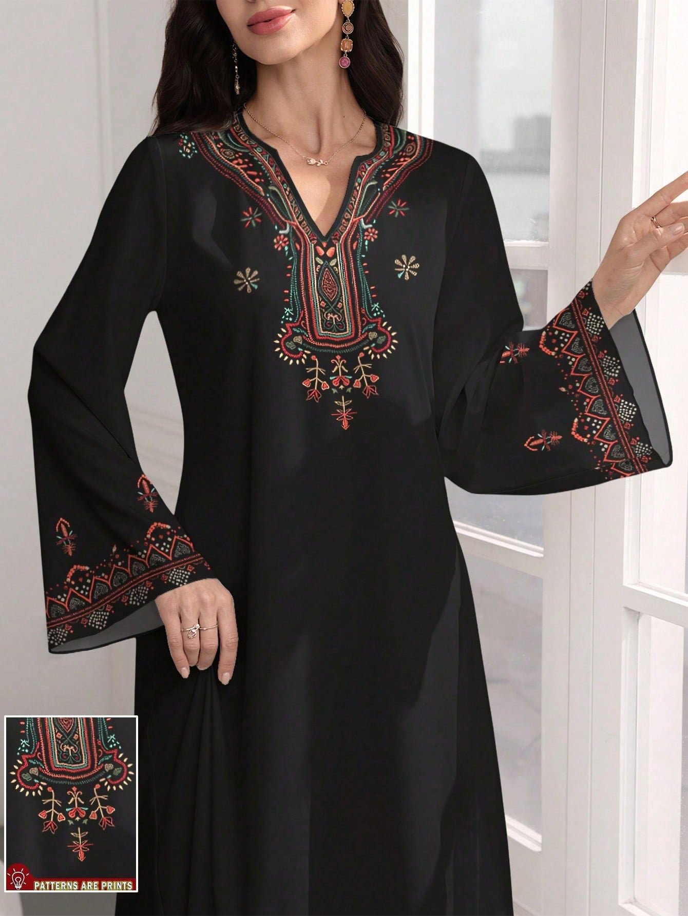 shein najma فستان ماكسي أنيق بطبعات زهرية وياقة على شكل حرف v وأكمام طويلة بطراز عربي، للربيع والخريف 8