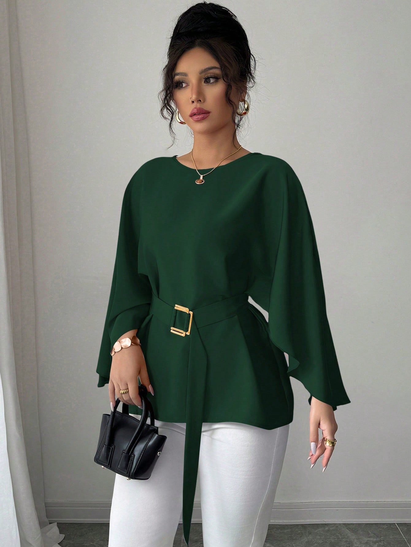 selianne بلوزة نسائية ذات أكمام خفافيش وياقة دائرية على الطريقة الفرنسية، لها ربطة بالخصر، ذات لون أحمر براق، لفصلي الربيع والصيف 8