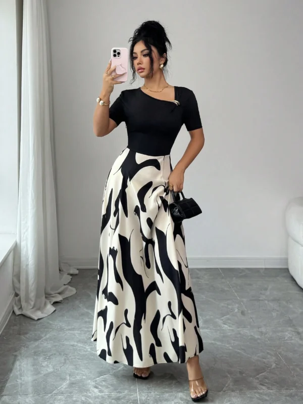 shein elenzya فستان نسائي بياقة على شكل حرف v وخصر مشدود بتصميم خطوط أبيض وأسود مجرد، مزين بإبزيم معدني، أنيق للاستخدام اليومي، العطلات، النمط الفرنسي الرجعي، التنقل، عيد الحب، المواعدة، الملابس الشارعية، الحفلات، أوائل الربيع/الربيع الصيف 6