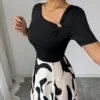 shein elenzya فستان نسائي بياقة على شكل حرف v وخصر مشدود بتصميم خطوط أبيض وأسود مجرد، مزين بإبزيم معدني، أنيق للاستخدام اليومي، العطلات، النمط الفرنسي الرجعي، التنقل، عيد الحب، المواعدة، الملابس الشارعية، الحفلات، أوائل الربيع/الربيع الصيف 7