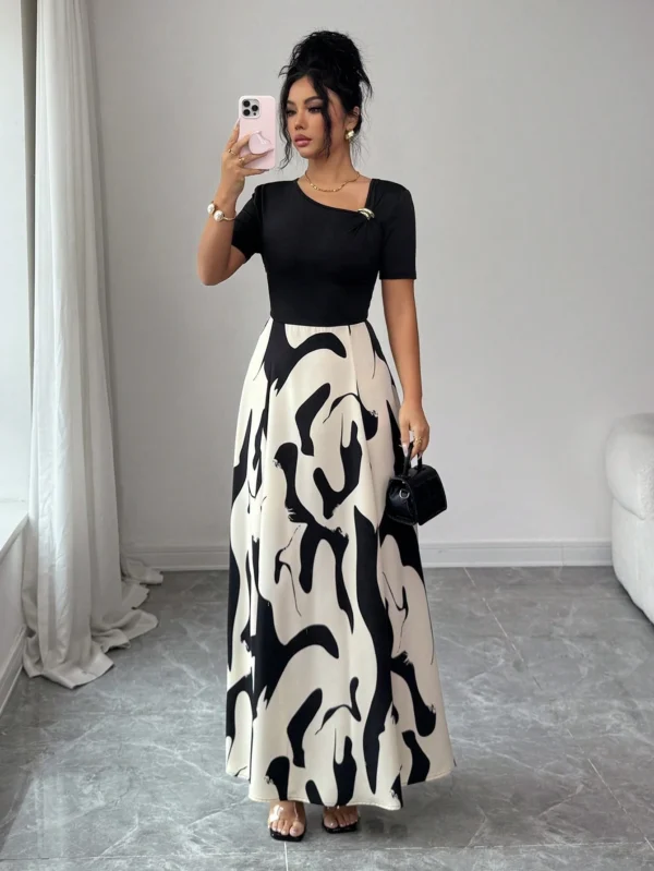 shein elenzya فستان نسائي بياقة على شكل حرف v وخصر مشدود بتصميم خطوط أبيض وأسود مجرد، مزين بإبزيم معدني، أنيق للاستخدام اليومي، العطلات، النمط الفرنسي الرجعي، التنقل، عيد الحب، المواعدة، الملابس الشارعية، الحفلات، أوائل الربيع/الربيع الصيف 8