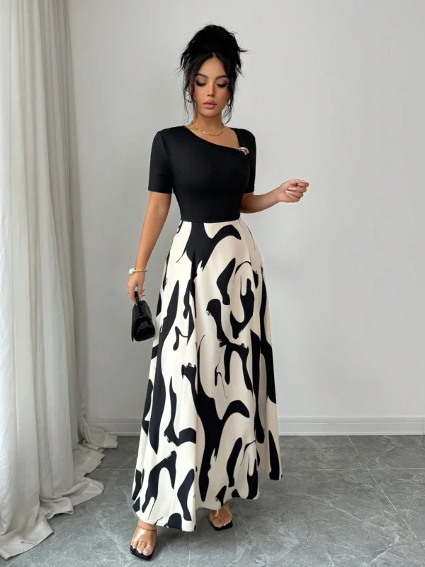 shein elenzya فستان نسائي بياقة على شكل حرف v وخصر مشدود بتصميم خطوط أبيض وأسود مجرد، مزين بإبزيم معدني، أنيق للاستخدام اليومي، العطلات، النمط الفرنسي الرجعي، التنقل، عيد الحب، المواعدة، الملابس الشارعية، الحفلات، أوائل الربيع/الربيع الصيف 9