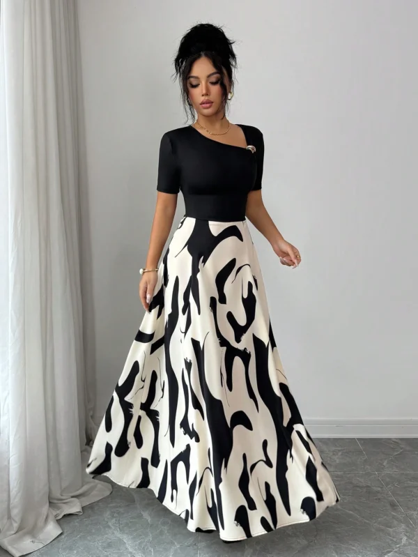shein elenzya فستان نسائي بياقة على شكل حرف v وخصر مشدود بتصميم خطوط أبيض وأسود مجرد، مزين بإبزيم معدني، أنيق للاستخدام اليومي، العطلات، النمط الفرنسي الرجعي، التنقل، عيد الحب، المواعدة، الملابس الشارعية، الحفلات، أوائل الربيع/الربيع الصيف 10