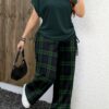 shein lune مجموعة قطعتين بنمط مربعات بلون بني أحمر داكن وبني أحمر مائل للحمرة، تصميم بسيط عادي، مناسب لجميع الفصول، مقاس كبير الحجم 1