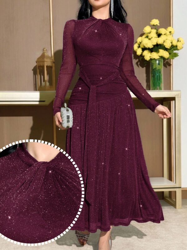 modelyn فستان نسائي بياقة عالية وأكمام طويلة، مزين بقطع شبكية على الخصر وطيات على الخصر، طول متوسط 8