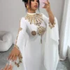 elenzga فستان ماكسي نسائي محتشم باللون الأبيض والذهبي بياقة ماندارين، صيفي بطراز شرقي أوسطي عتيق فرنسي بطبعة ذهبية وأكمام مفتوحة وخصر مشدود من الخلف للحفلات 12