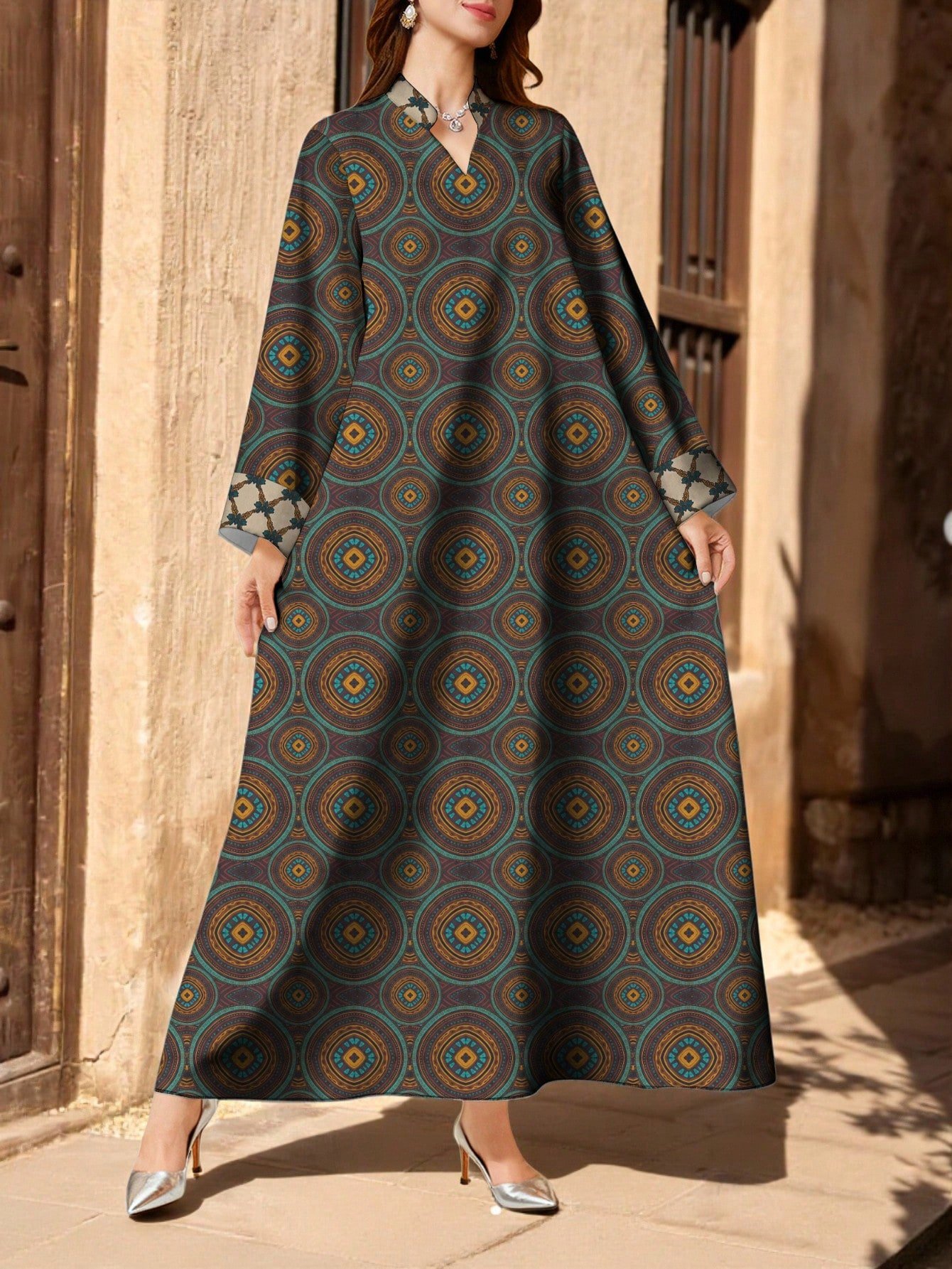 shein najma جلابيات قفاطين رداء أنيق للنساء مطبوع رقميًا بطبعة زهور مائية، ذو ياقة عالية، أكمام طويلة، مناسب للربيع والخريف 5
