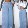 shein petite بنطلون جينز فضفاض كاجوال للنساء مع تفاصيل فيونكة 2