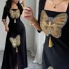 yasmyna فستان أنيق للنساء بياقة مربعة على الطراز الفرنسي الراقي الرجعي مع شراشيب فراشة وشق أمامي وأكمام نصف كم