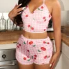 shein طقم بيجامة نسائية بطبعة مربعات كاروهات الكرز بدون أكمام وشورت 4