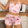 shein طقم بيجامة نسائية بطبعة مربعات كاروهات الكرز بدون أكمام وشورت 5