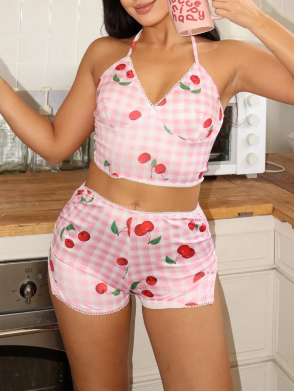 shein طقم بيجامة نسائية بطبعة مربعات كاروهات الكرز بدون أكمام وشورت 5